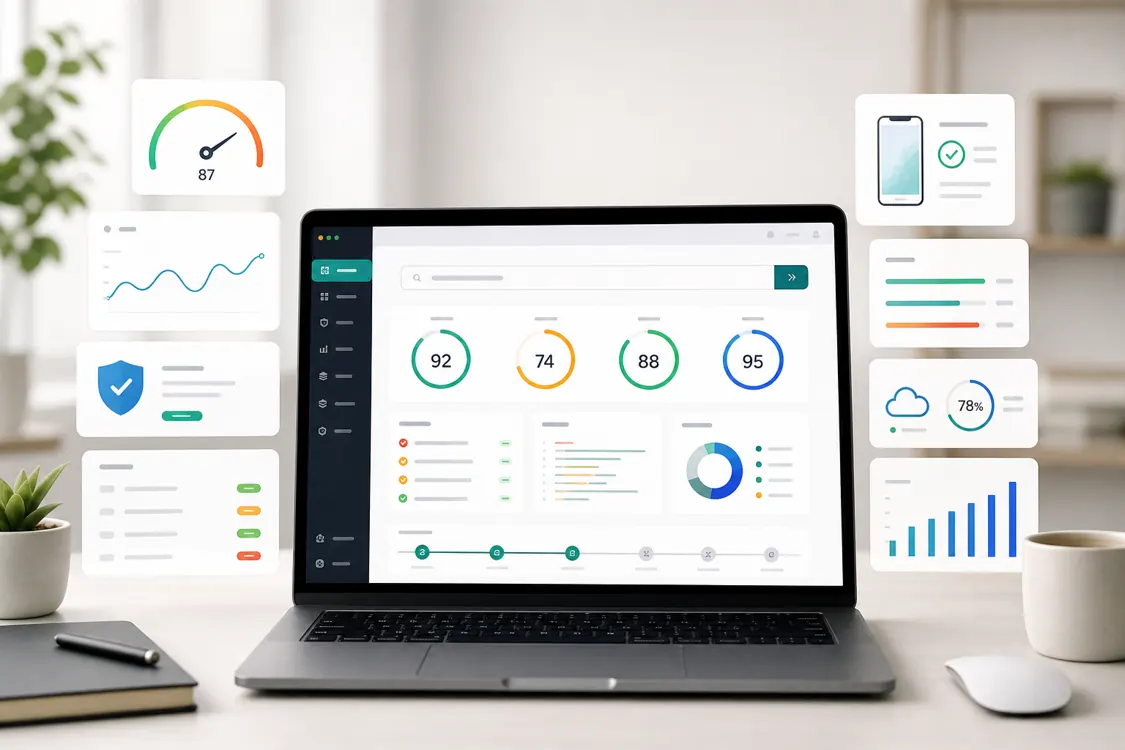 Interface WebCareFix montrant un audit de vitesse, securite, SEO et mobile